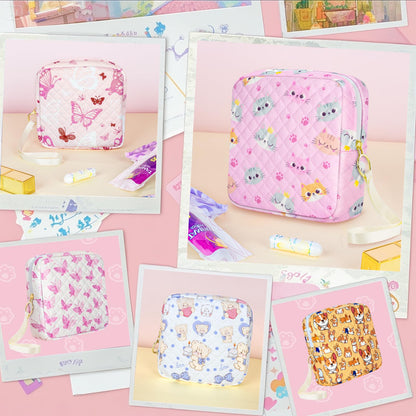 Tampon Holder for Purse, Quilted Period Bag Sanitary Napkin Storage Bag for Girls Womens, Portable Feminine Emergency Pad Period Pouch(Pink Cat)