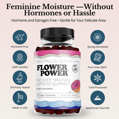 Flower Power Vaginal Moisture Support Gummies — Vaginal Dryness Supplement for Women | Powdered Slippery Elm Bark, Sugar Free, Blueberry Flavor | Supports Vaginal Wellness & Hydration | 60 Gummies
