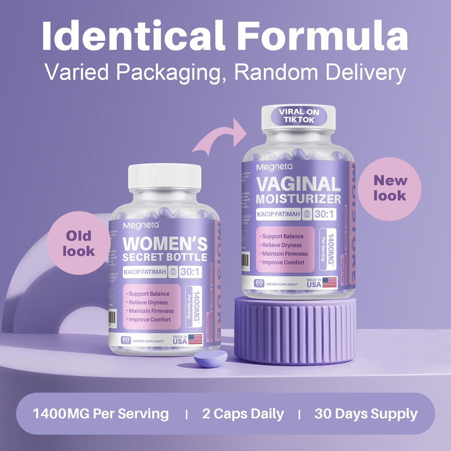 Vaginal Moisturizer, Kacip Fatimah 1,000mg & Manjakni 200mg for Female Intimate Health, Slippery Elm for Women, Vegan, 60 Capsules