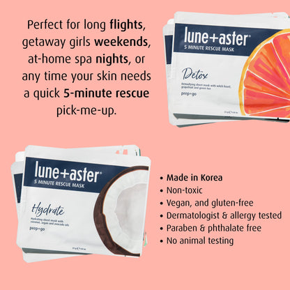 Lune+Aster 5 Minute Rescue Mask - Hydrate | Deeply Hydrating Sheet Mask with Hyaluronic Acid, Coconut, Argan and Avocado Oils. Made in Korea.