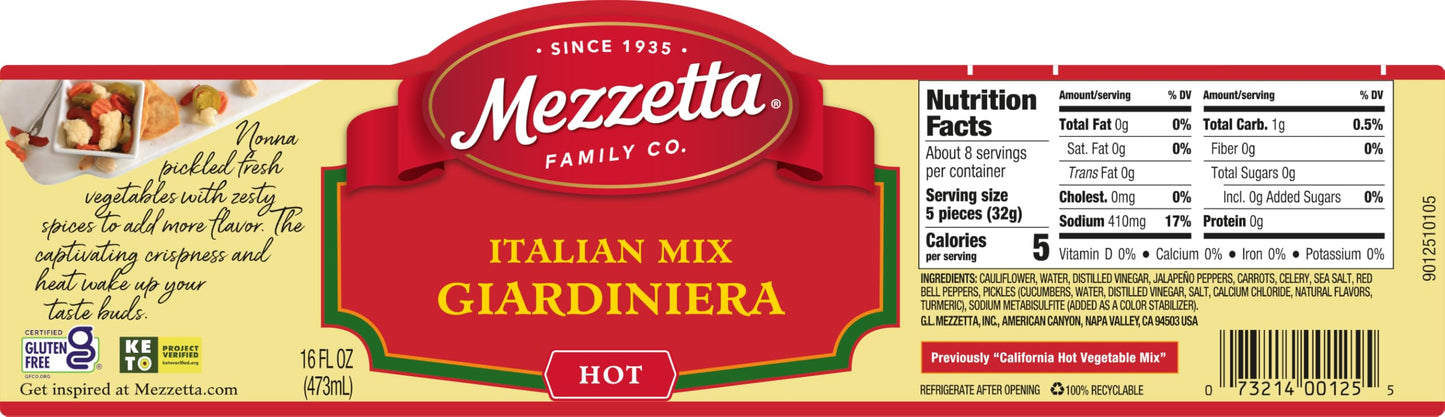 Mezzetta Italian Mix Giardiniera Chicago Style - Hot Giardiniera with Carrots, Celery, Cauliflower & Jalapeño - Tangy Pickled Vegetables for Antipasto - California Harvested - 16 Oz Jar - Pack of 6