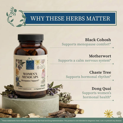 Wise Woman Herbals Women's Menocaps, Non-GMO Herbal Blend for Menopause Support, Hot Flashes, Night Sweats, Mood Support, Emotional Balance, Hormonal Support, 120 Veg Caps
