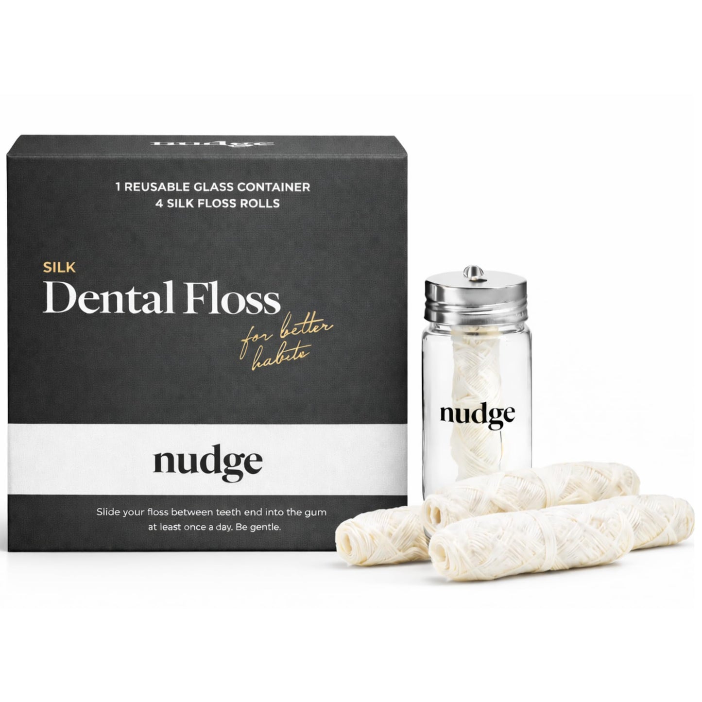 Nudge Clean Sustainable Silk Dental Floss Refill Set, Reusable Glass Dispenser with 4 x 30m All Natural Silk Floss Spools, Plant Based Wax Coated, PFAS Free Oral Care