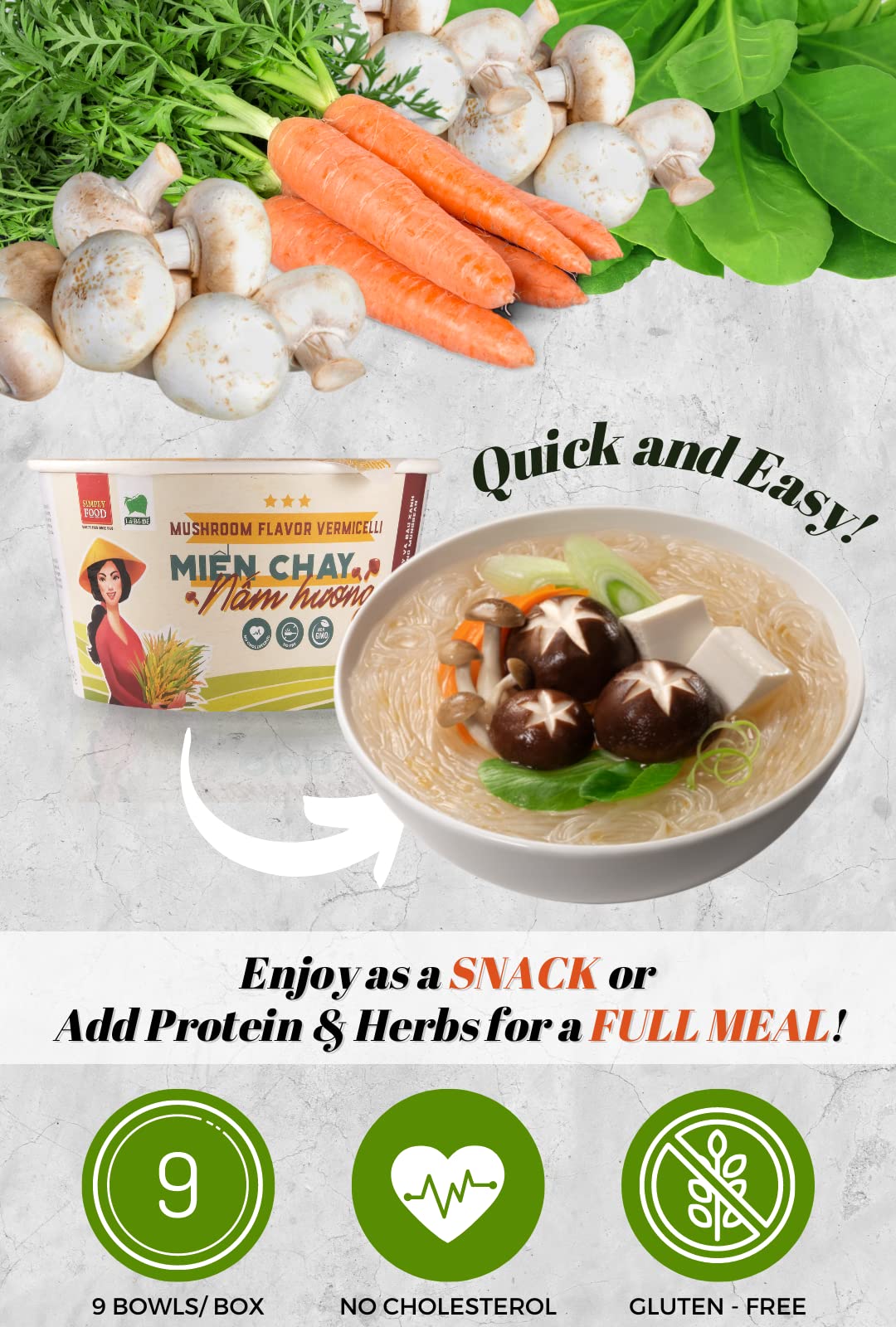SIMPLY FOOD Instant Mushroom Glass Noodles (Miến Chay Nấm Hương) - 9 BOWLS/ 55g each – Delicious, Clear Glass Vermicelli Noodles in a Flavorful Vegetarian Mushroom Broth