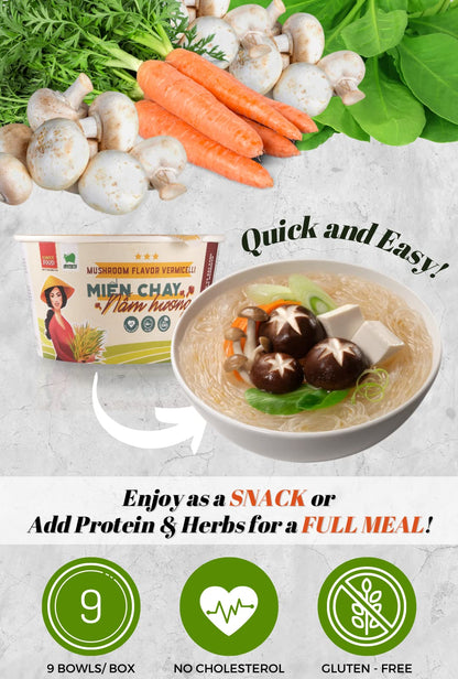 SIMPLY FOOD Instant Mushroom Glass Noodles (Miến Chay Nấm Hương) - 9 BOWLS/ 55g each – Delicious, Clear Glass Vermicelli Noodles in a Flavorful Vegetarian Mushroom Broth