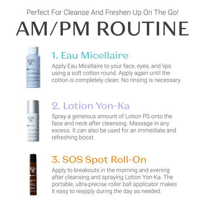 Yon-Ka Purity Travel Set | SOS Spot Roll-On, Eau Micellaire & Lotion Toner | Essential Kit to Cleanse, Purify, Tone & Hydrate Skin | For Dry or Sensitive Skin | 3-Piece Travel Size Set