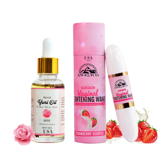 ANGELYCIA Ultimate Feminine Rejuvenation Combo, Virginity Wand Strawberry and Feminine Yoni Detox Oil Rose, Vaginal Tightening Solution, Restores pH Balance for Women,