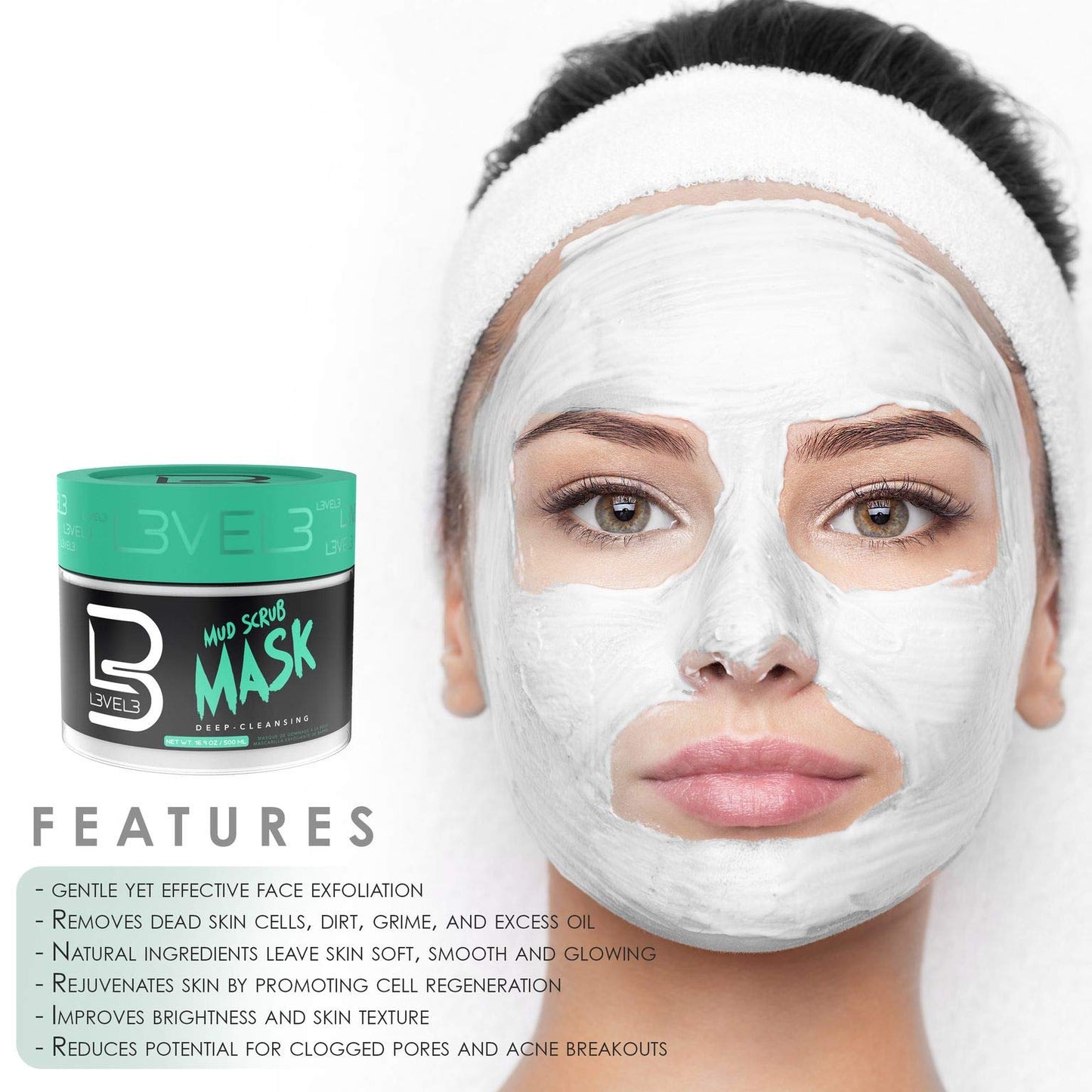 L3 Mud Facial Scrub - Reduces Acne - Gentle and Effective Exfoliation - Reduces Clogged Pores