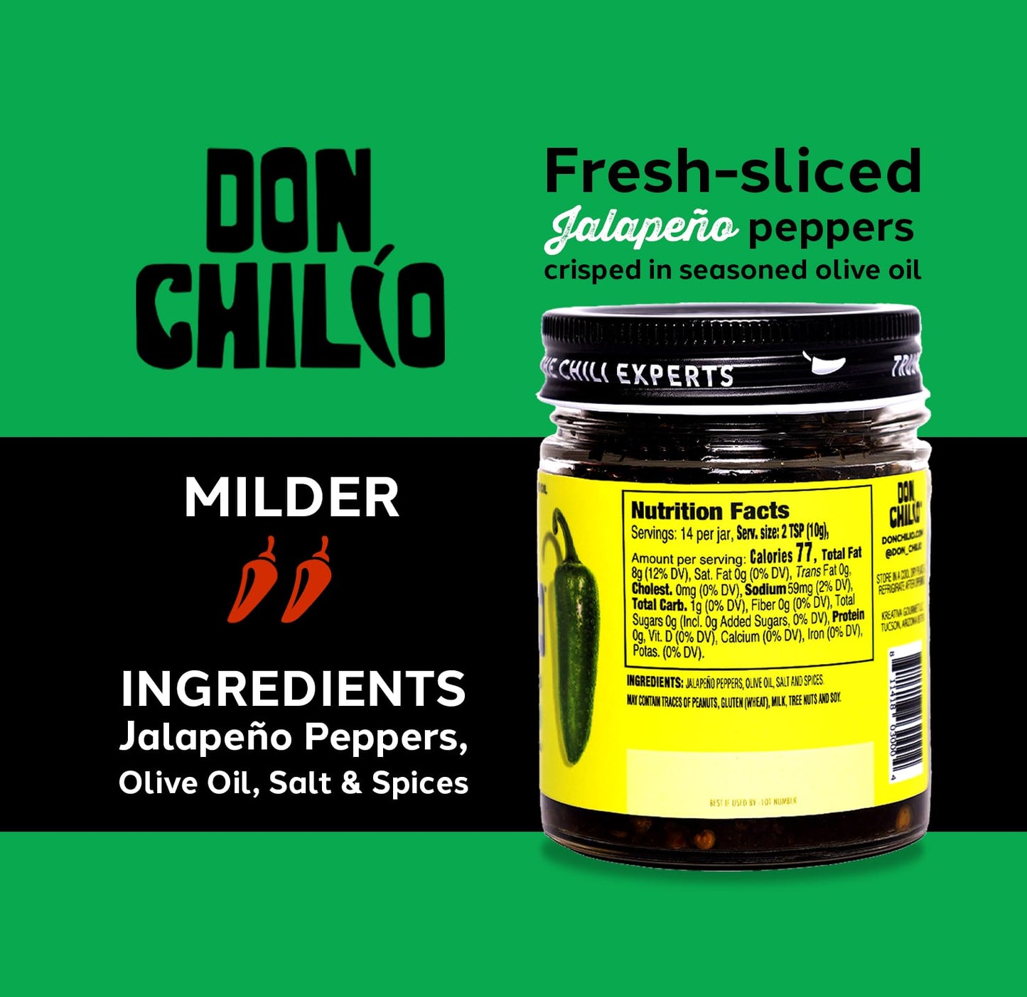 Don Chilio Mild Jalapeno Mexican Chile Crisp, 5 oz. – Crunchy Sliced Jalapenos Fried Chili Peppers in Hot Seasoned 100% Olive Oil – Keto-Friendly, Vegan, Gluten Free