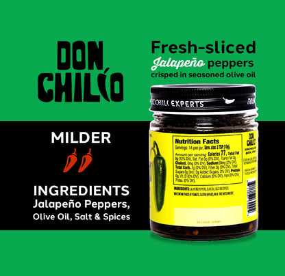 Don Chilio Mild Jalapeno Mexican Chile Crisp, 5 oz. – Crunchy Sliced Jalapenos Fried Chili Peppers in Hot Seasoned 100% Olive Oil – Keto-Friendly, Vegan, Gluten Free