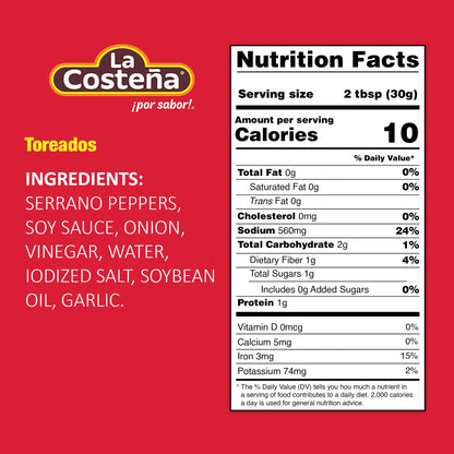 La Costeña Sliced Serrano Pepper Toreado - Fire Roasted Spicy Green Chiles for Mexican Food, Pico de Gallo, Taco Seasoning, Salsa Verde & Guacamole - Pickled Vegetables - 7.7oz, 6 Pack Canned Chilis