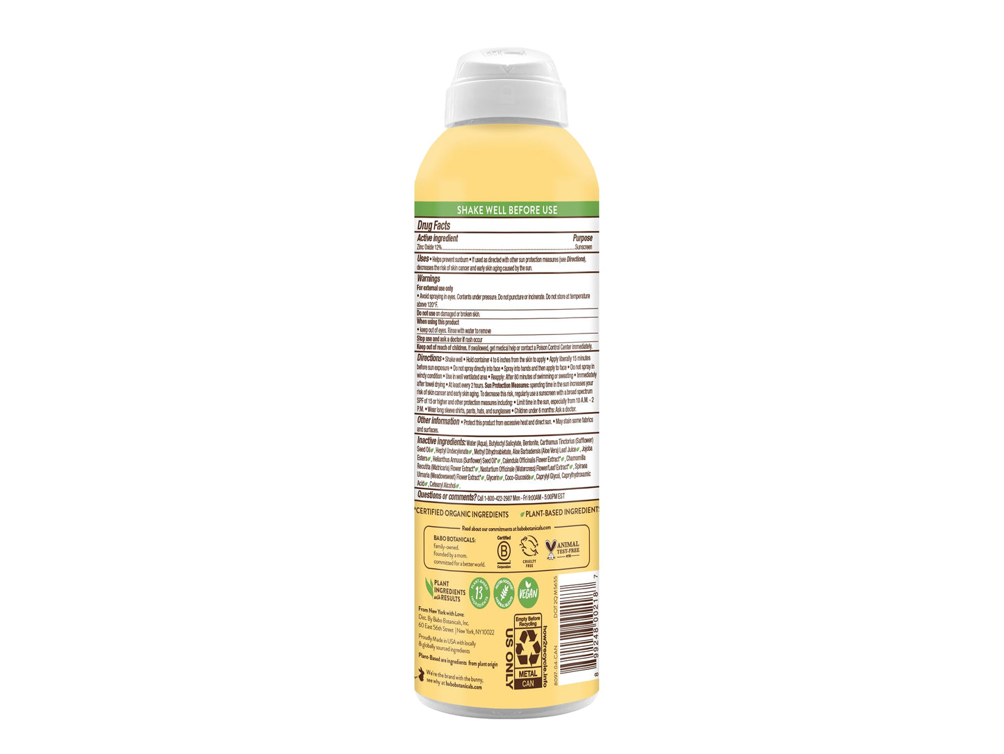 Babo Botanicals Sheer Zinc Continuous Sunscreen Spray SPF30 - Natural Zinc Oxide - Extra Sensitive Skin - Water Resistant - Vegan - Fragrance-Free - Air-Powered Spray - For all ages