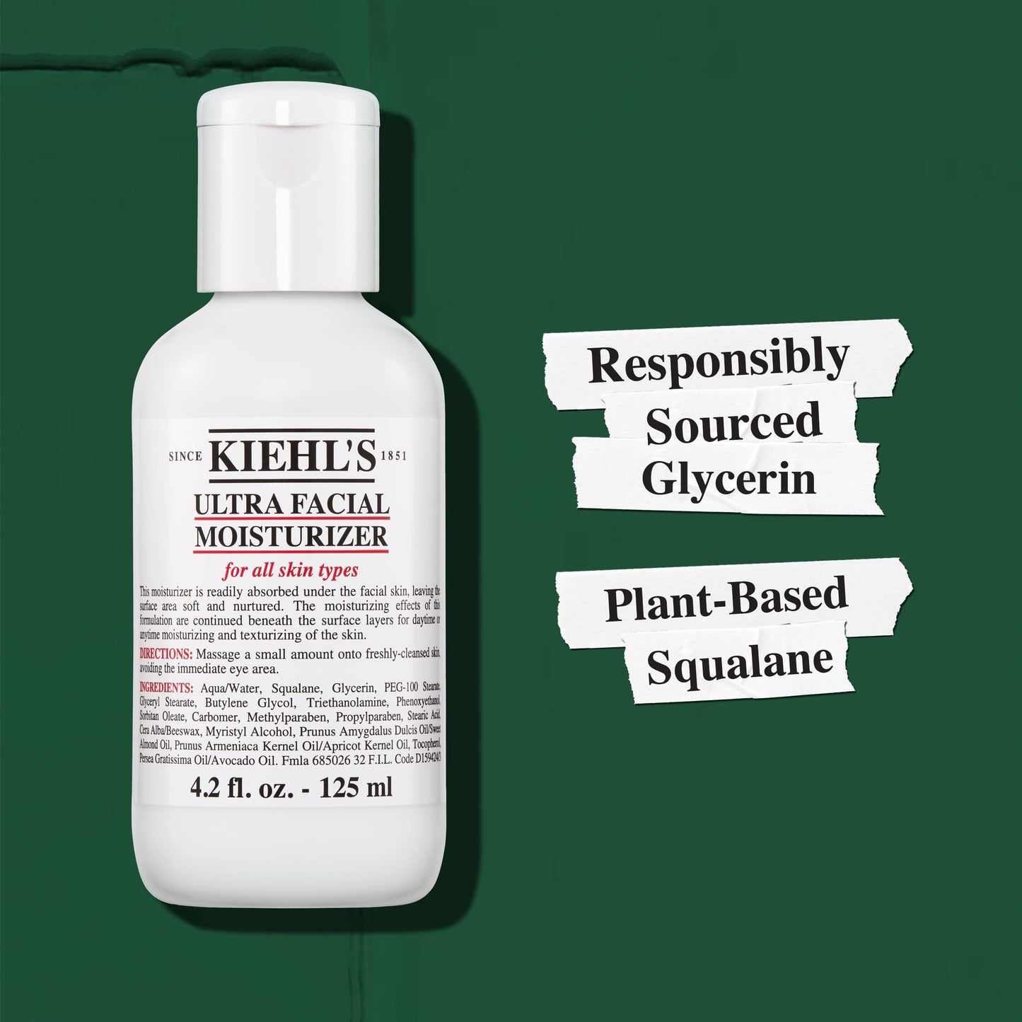 Kiehl's Ultra Facial Moisturizer, for Easy Daily Hydration, Infused with Squalane and Glycerin, Replenishes Moisture Barrier and Softens Skin, Suitable for All Skin Types, Fragrance-Free