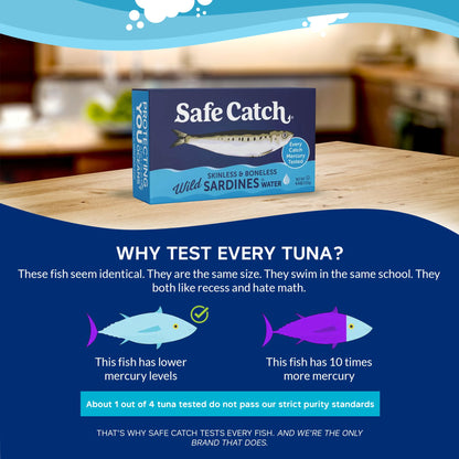 Safe Catch Wild Sardines in Water Skinless Boneless Wild-Caught Sardine Fillets Lowest Mercury Limit, Keto Food Kosher Non-GMO Sardines Pack of 12, 4.4oz Tins