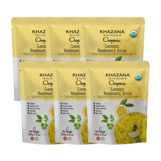 Khazana Authentic Lemon Ready To Heat Basmati Rice (Pack of 6, 8.8oz) | Non-GMO, Vegan, Gluten Free & Kosher | Aromatic & Flavorful Organic Grain From India | Microwavable Instant Rice in 90 Seconds!