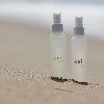 kai body glow, 4 Fl Oz, dry body oil with jojoba, chamomile, cucumber extracts, moisturizes and leaves a radiant glow with a fresh + clean fragrance, vegan, cruelty free, made in the usa
