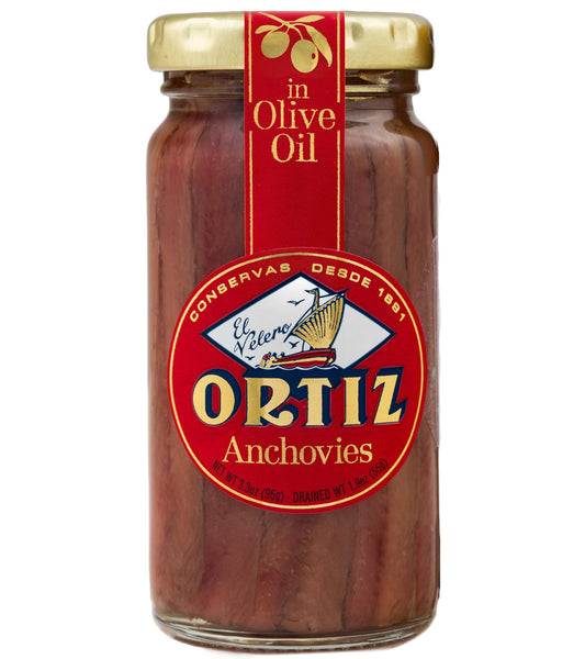 Ortiz Anchovies in Extra Virgin Olive Oil, Firm Buttery Fillets with a Rich Umami Taste, Wild Caught in Spain, Great for Pizza, Pasta and Caeser Salad, 3.3oz Glass Jar (Pack of 1)