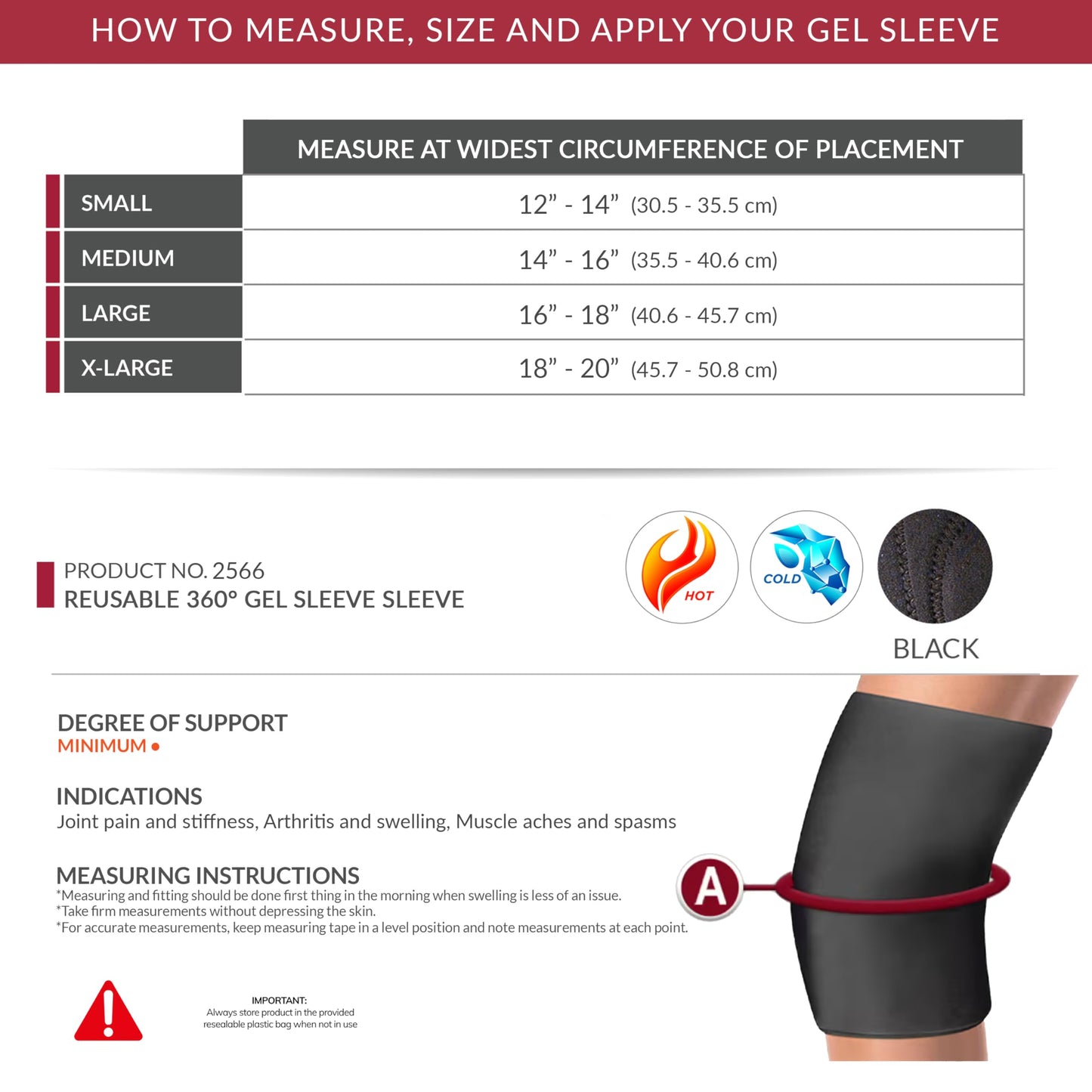OTC Multi-Use Reusable 360 Degree Gel Sleeve for Thigh, Knee, Arm, Elbow or Calf, Hot or Cold Compression for Back Pain Relief, Medium