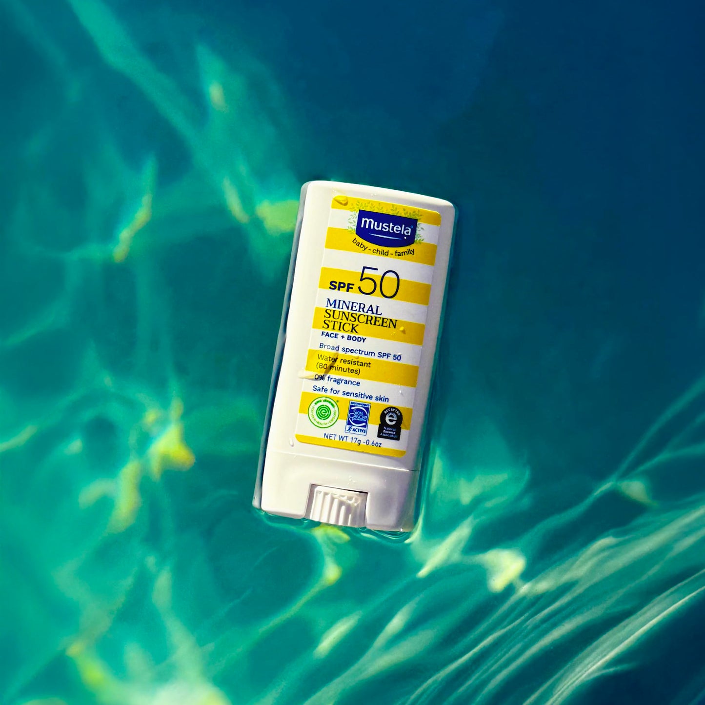 Mustela Baby Mineral Sunscreen Stick SPF 50 Broad Spectrum - Face & Body Sun Stick with 70% Organic Ingredients - Ultra Sheer, Water Resistant & Fragrance-Free - 0.6 oz.