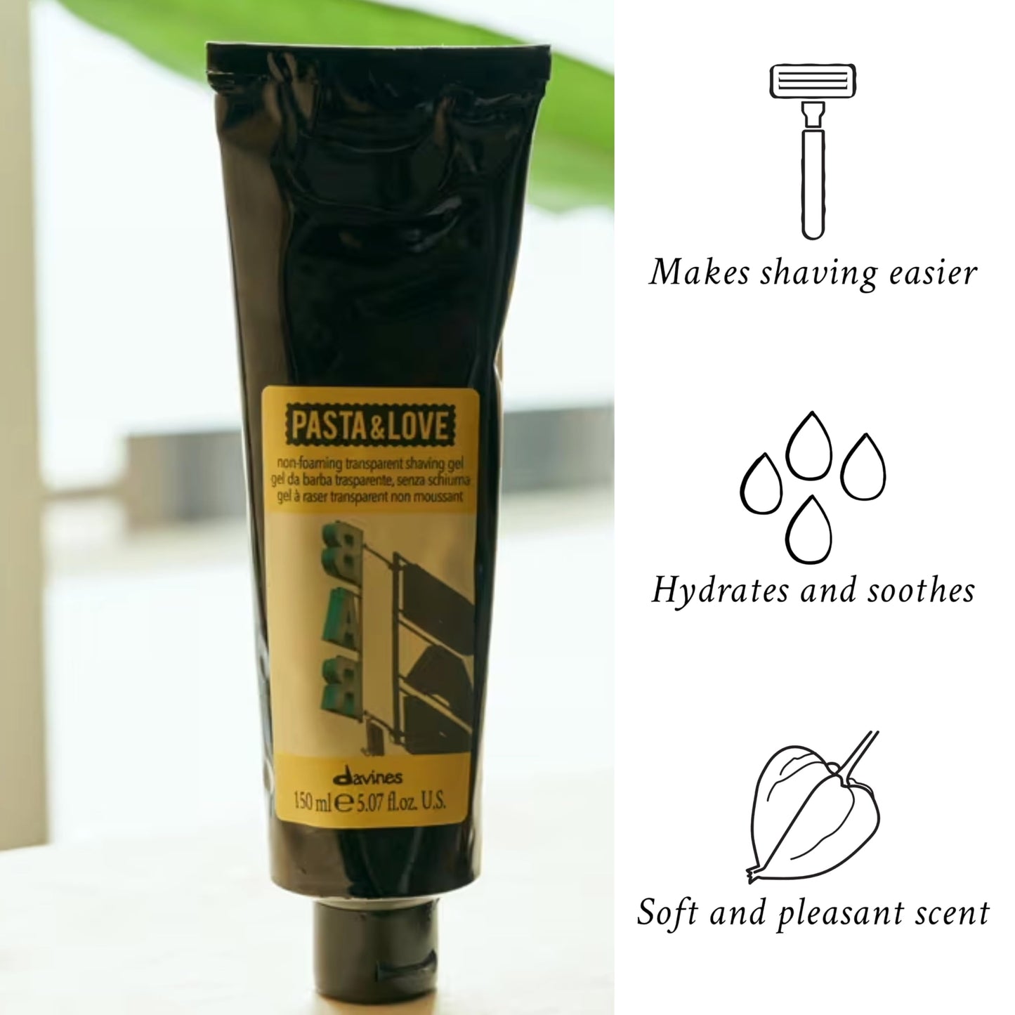 Davines Pasta & Love No-Foaming Shaving Gel, Clear Precision Shave Gel - Transparent Formula for Accurate Edging, Smooth Gliding & Reduced Irritation, 5.07 Fl Oz