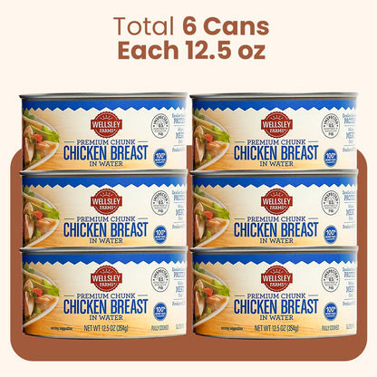 Wellsley Farms Premium Chunk Chicken Breast in Water, Fully Cooked Boneless Skinless, For Prepared Meals, Salads, Sandwiches & More, Canned, 12.5 oz Cans, 6-Pack