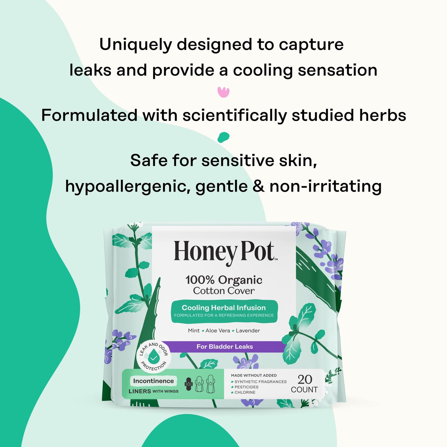The Honey Pot Company - Herbal Panty Liners for Women - Organic Incontinence w/Wings - Infused w/Essential Oils for Cooling Effect - Postpartum Essentials - Feminine Care - 20ct