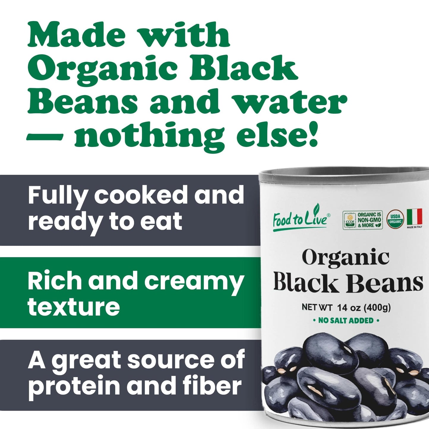 Food to Live Organic Canned Black Beans, 14 oz (Pack of 4) - Unsalted Non-GMO Frijoles Negro. Perfect for Salads, Soups, Stews. Vegan. Made in Italy