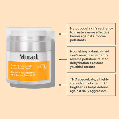 Murad Essential-C Overnight Barrier Repair Cream – Vitamin C & Marrubium Anti-Pollution Nightly Moisturizer for Damage Repair & Brighter, Smoother Face – 1.7 Fl Oz