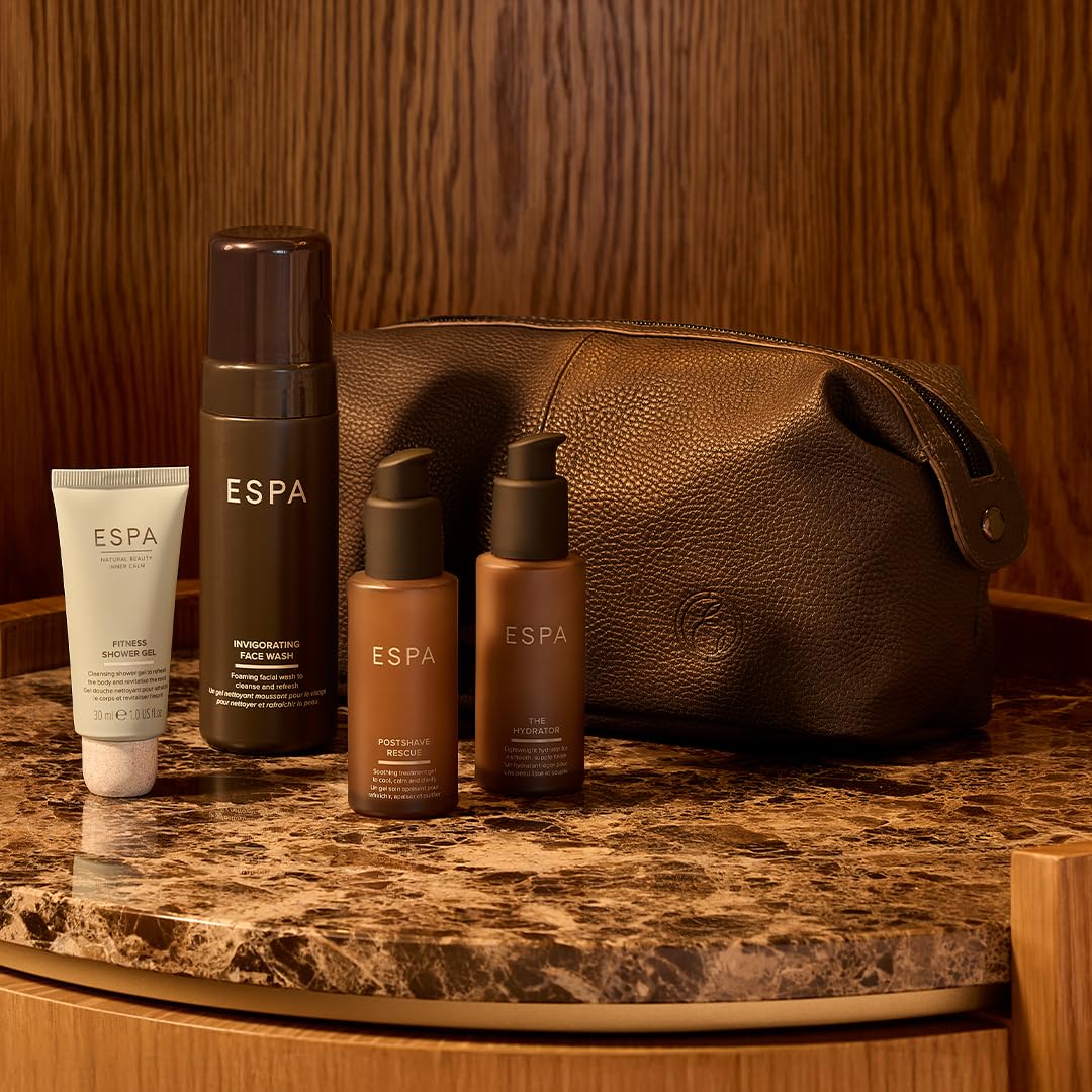 ESPA Men's Grooming Collection | 4-Piece Skincare Gift Set for Him with Invigorating Face Wash, Postshave Rescue, Moisturiser & Fitness Shower Gel | Revitalising Self Care Kit