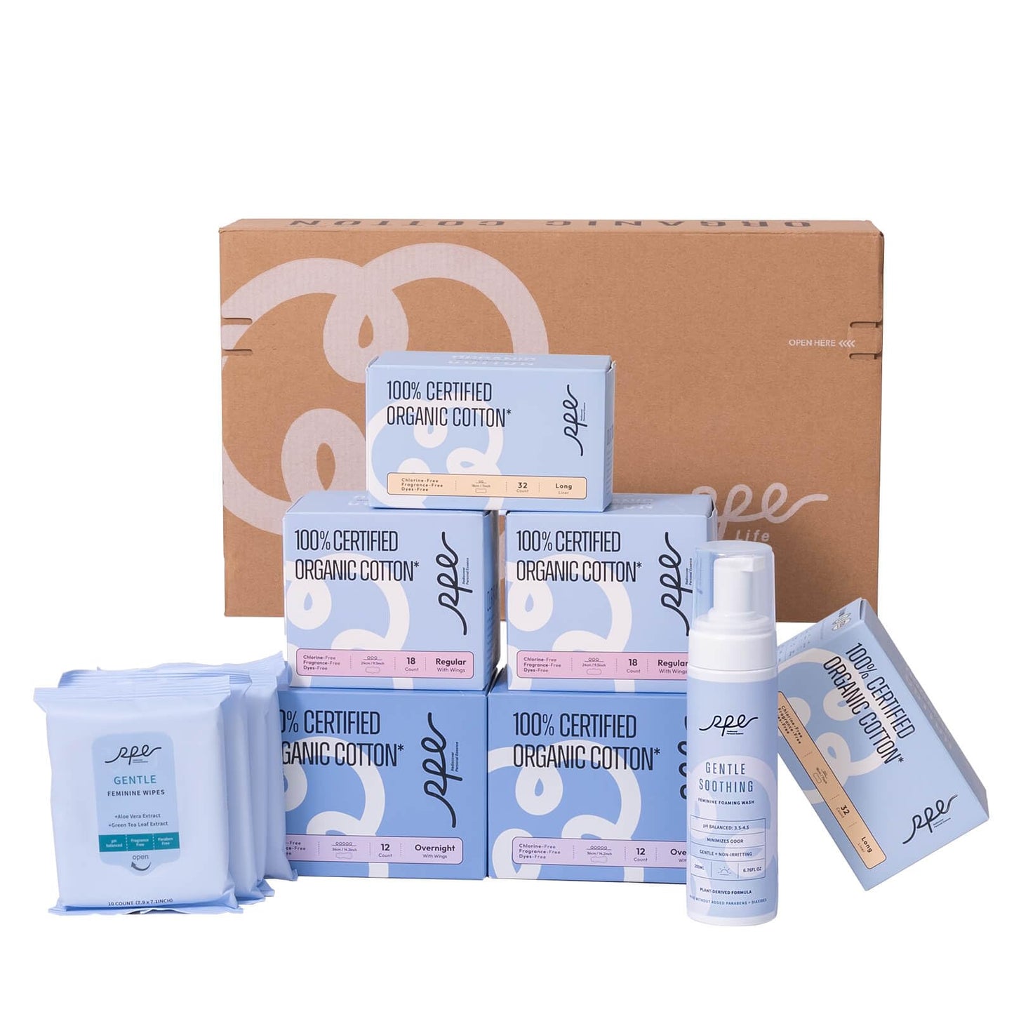 Feminine Care Bundle, Period Essentials 100% Organic Cotton Pads for Women, Size 2,3,5 Sanitary Napkins 124 Ct, Flushable Gentle Feminine Wet Wipes, Plant-Based Soothing Feminine Wash