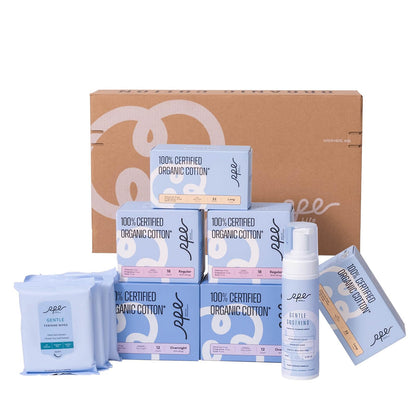Feminine Care Bundle, Period Essentials 100% Organic Cotton Pads for Women, Size 2,3,5 Sanitary Napkins 124 Ct, Flushable Gentle Feminine Wet Wipes, Plant-Based Soothing Feminine Wash