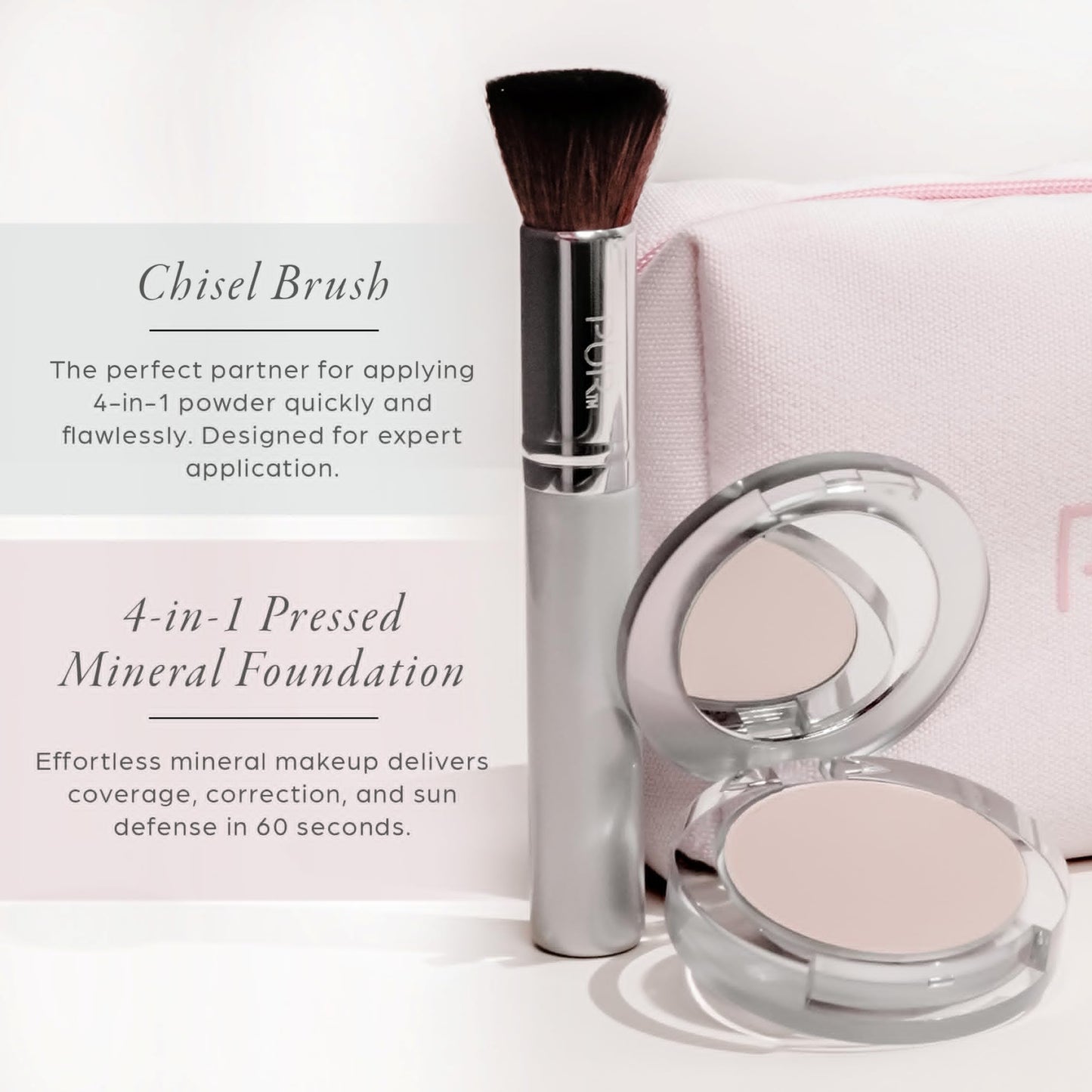 PÜR Minerals Multitasking Essentials Kit - Makeup Gift Set Includes 4-in-1 Correcting Primer, Fully Charged Mascara, 4-in-1 Pressed Mineral Powder & 1 Chisel Brush