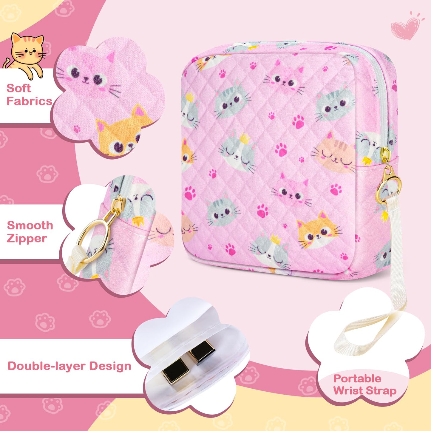 Tampon Holder for Purse, Quilted Period Bag Sanitary Napkin Storage Bag for Girls Womens, Portable Feminine Emergency Pad Period Pouch(Pink Cat)