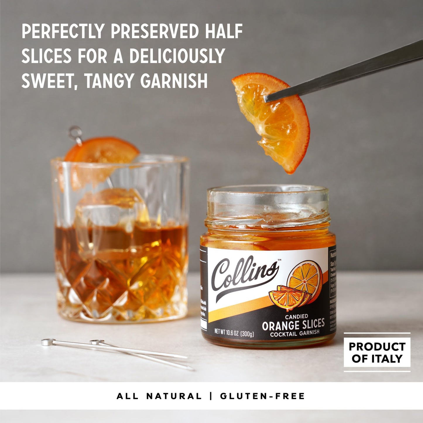 Collins Candied Orange Slices in Syrup, Candied Fruit Slices Cocktail Accessories for Drinks, Orange Slices Candy Drink Garnishes 10.6oz