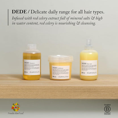 Davines DEDE Shampoo, Delicate Soft Lather Daily Cleanser for Medium Fine & Fine Hair - Gently Removes Impurities to Make Hair Light, Shiny, and Soft with Red Celery Extract, 8.45 Fl Oz