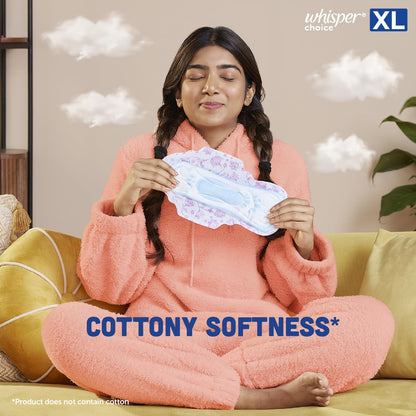 Whisper Choice Sanitary Pads, 36 XL Pads, Upto 100% Stain Protection All Day, Longer Length for Better Coverage, 20% Wider Back, Dry Top Sheet, with Wings