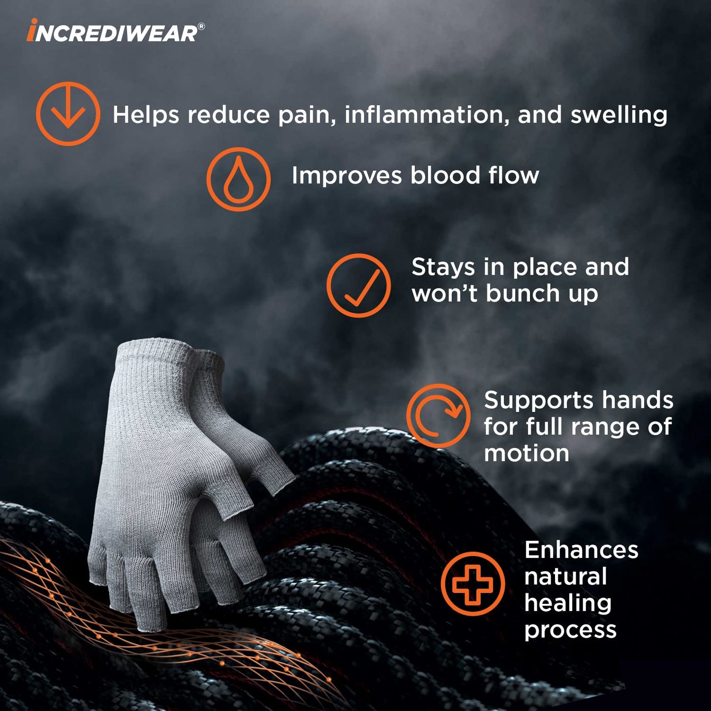 Incrediwear Fingerless Circulation Gloves Arthritis Gloves, Grey
