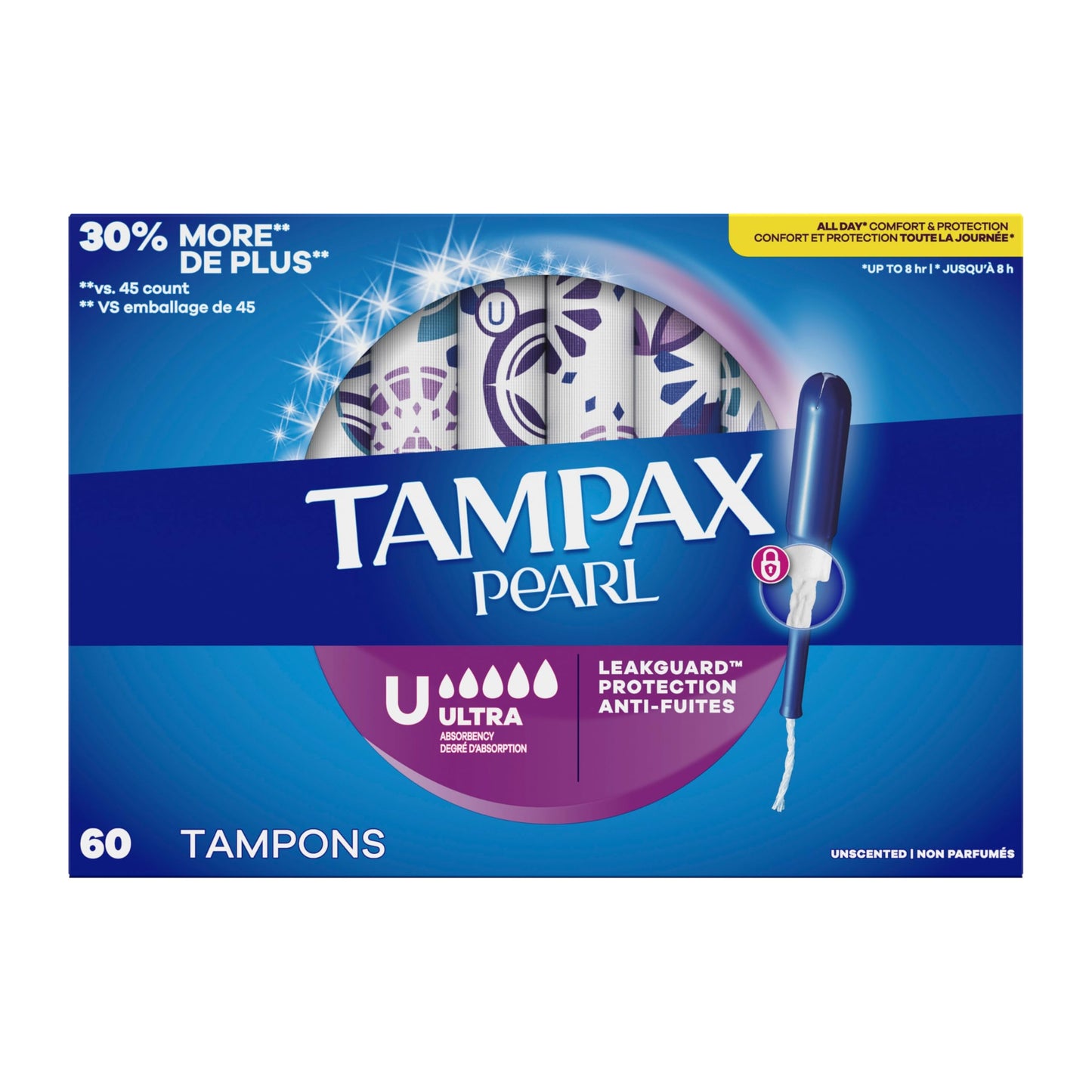Tampax Pearl Tampons for Women, with LeakGuard Braid, Ultra Absorbency, Unscented, 60 Count