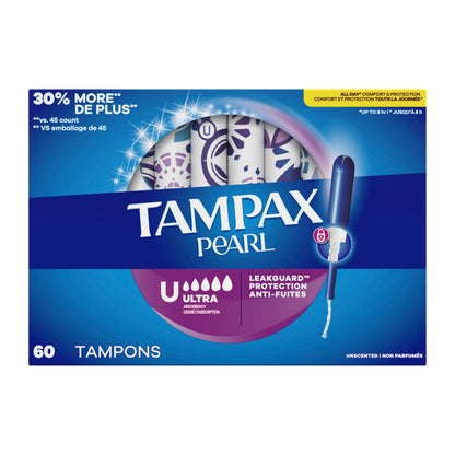 Tampax Pearl Tampons for Women, with LeakGuard Braid, Ultra Absorbency, Unscented, 60 Count