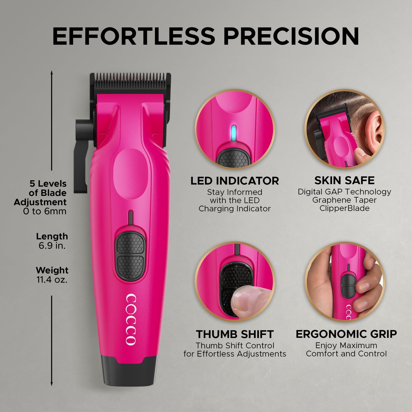 Cocco Hyper Veloce Pro Clipper, Digital Gap Ambassador Graphene Taper Blade Professional Hair Clippers, High-Torque BLDC Motor, All-Metal, Cordless, Charging Station Included (Pink)
