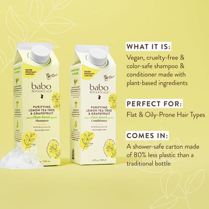 Babo Botanicals Purifying Lemon Tea Tree & Grapefruit Conditioner – For Flat, Oily Prone Hair – Add body & shine – Citrus-Mint Fragrance - Water-Resistant Carton w. 80% Less Plastic – Vegan