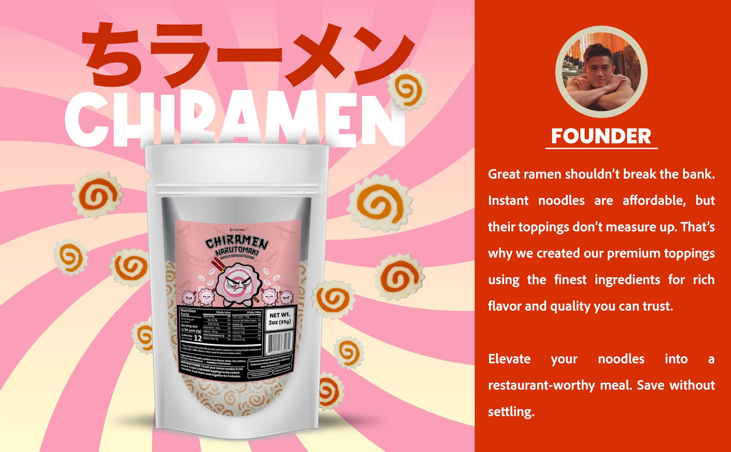 CHIRAMEN Dried Narutomaki Fish Cake Ramen Toppings – Classic Japanese Fish Cake Slices with Pink Swirl – Instant Noodle Topping for Ramen Bowls, Cup Noodles, Udon & Soup Garnish