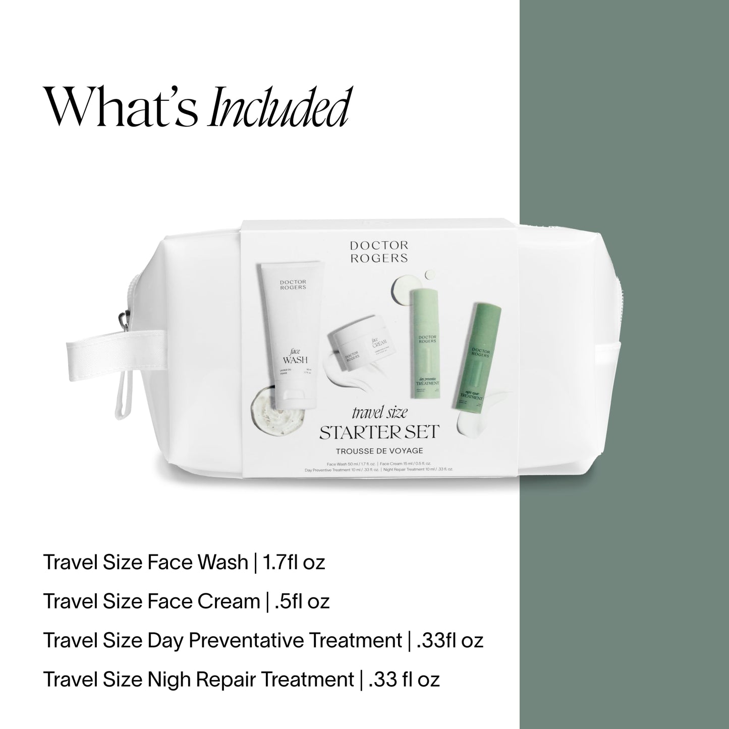 Doctor Rogers Travel Size Starter Set, 4-Piece Skincare Routine with Face Wash, Face Cream, Day Preventive & Night Repair Treatments + Reusable Bag, Award-Winning Dermatologist-Developed Skincare Kit