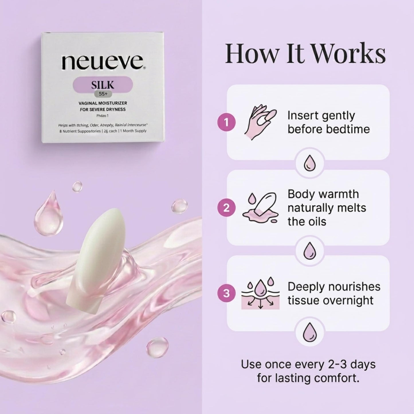 NeuEve Silk Long-lasting Vaginal Moisturizer- Provides Soothing Moisture for Dryness & Discomfort All-Natural Ingredients, Phase 1 | 8 Count | 1-Month Supply