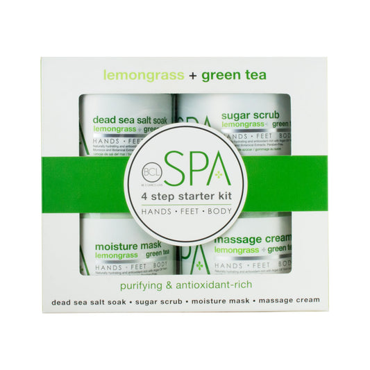 BCL SPA Lemongrass & Green Tea 4-Step Skincare Starter Kit, 16oz Each – Organic Vegan Spa Set for Hands, Feet & Body – Hydrates, Exfoliates, Softens Skin