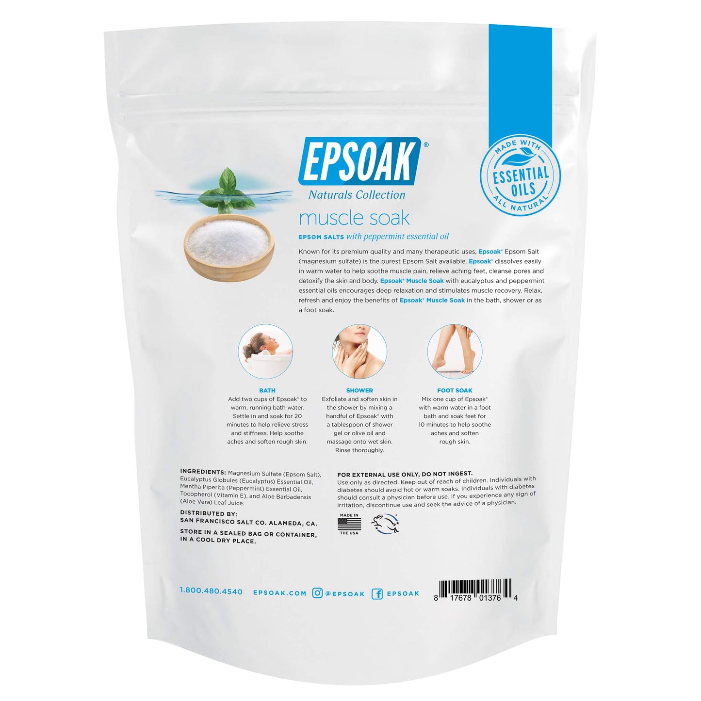 Epsoak Muscle Soak 2 lb. Magnesium Sulfate USP. Resealable Epsom Salt Bag Muscle Soak, Made in The USA, Cruelty-Free Certified