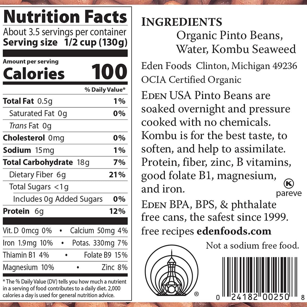 Eden Organic Pinto Beans, 15 oz Can, No Salt, Non-GMO, Gluten Free, Vegan, Kosher, U.S. Grown, Heat and Serve, Macrobiotic, Frijol Pinto