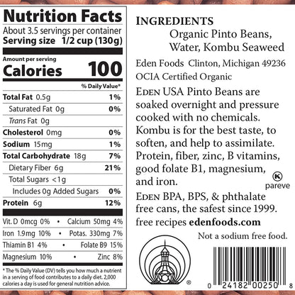 Eden Organic Pinto Beans, 15 oz Can, No Salt, Non-GMO, Gluten Free, Vegan, Kosher, U.S. Grown, Heat and Serve, Macrobiotic, Frijol Pinto