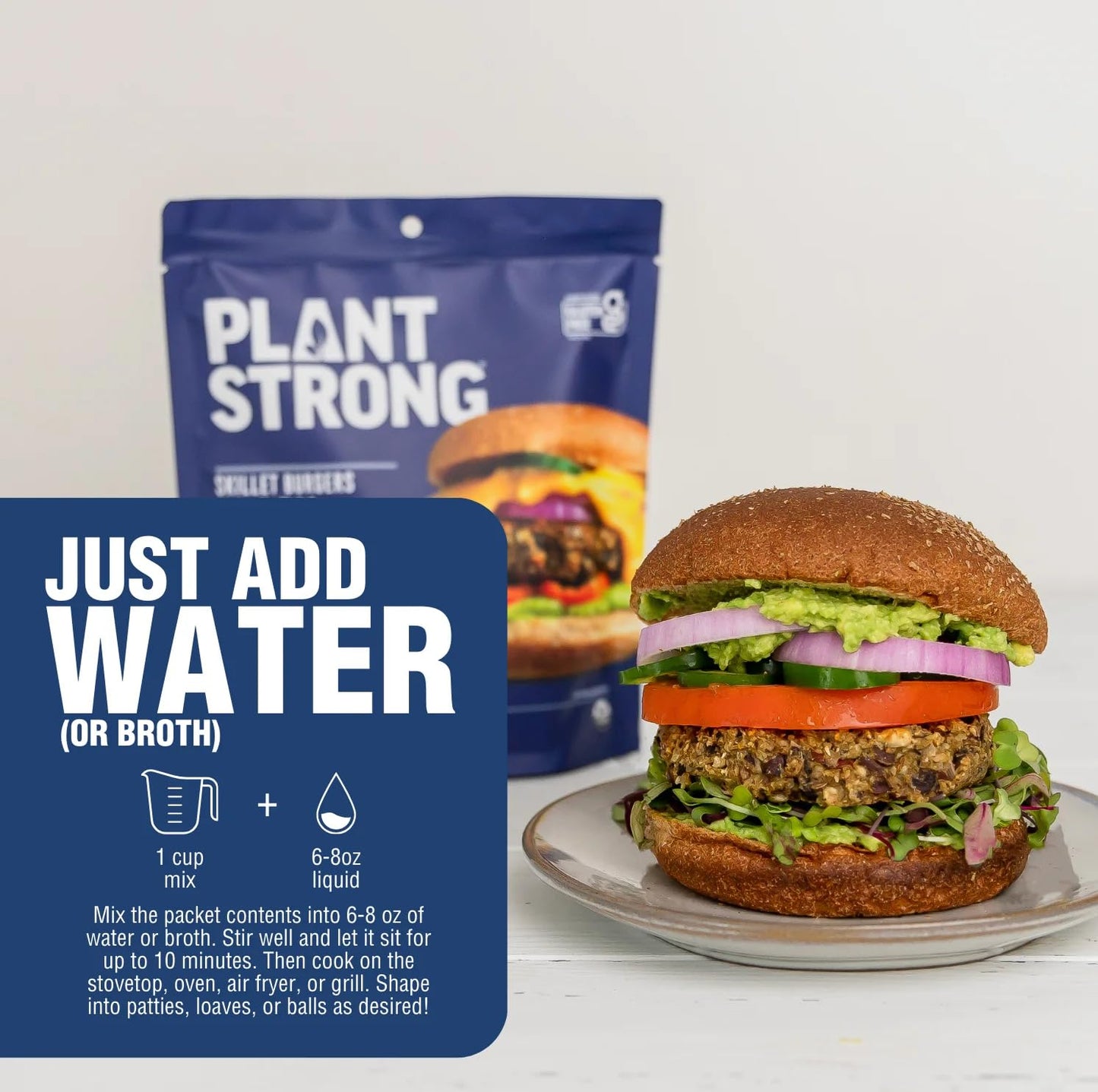 PLANTSTRONG Black Bean Skillet Burger Mix, Plant-Based Patty Mix with Oats, Seeds & Spices, Gluten Free, Oil-Free, Just Add Water, Pan Fry/Bake/Air Fry, 4-Pack (6 oz Bags)