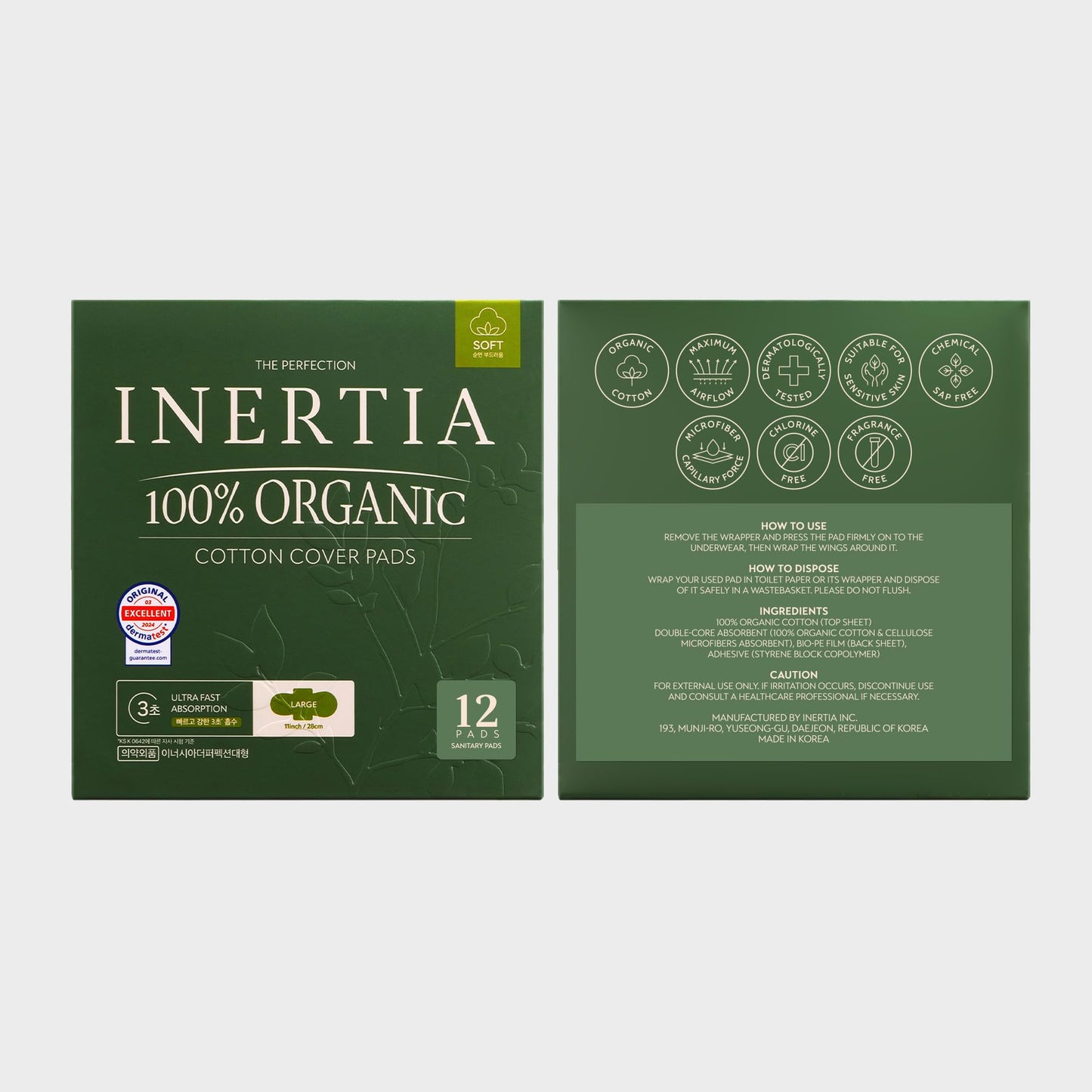 INERTIA The Perfection Green Bundle (Regular 14 Count, Super 12 Count) – 100% Organic Cotton Korean Pads with Wings, Ultra Fast Absorption & Breathable Bio-Film, Leak-Proof & Hyperallergic, Women